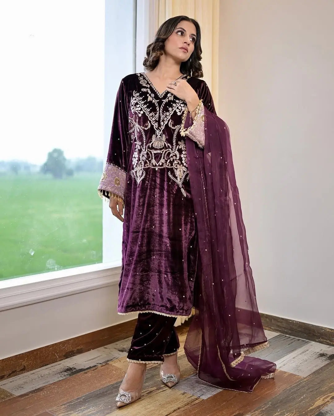Winter Special Embroidery kodi work Velvet Kurti Pant Dupatta Set