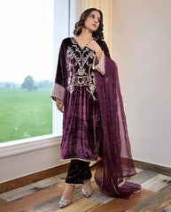 Winter Special Embroidery kodi work Velvet Kurti Pant Dupatta Set