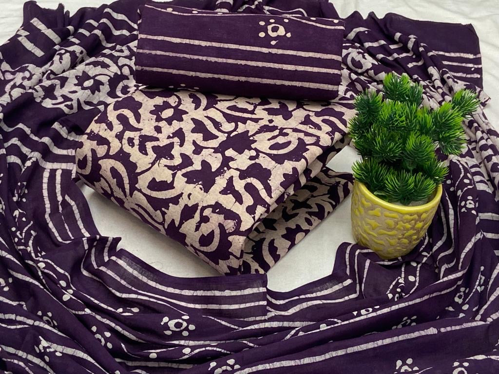 Soft Cotton Hand Blocked Wax Batik Dress Material (Unstitched)