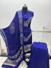 Modal Silk Original Jamnagar Hand Crafted Bandhej Work Bandhani Dress Material (Unstitched)