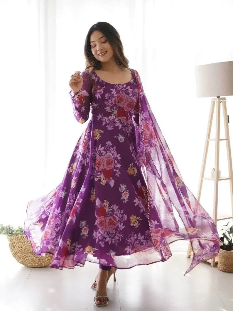 Organza Floral Digital Print Flair Dress Suit