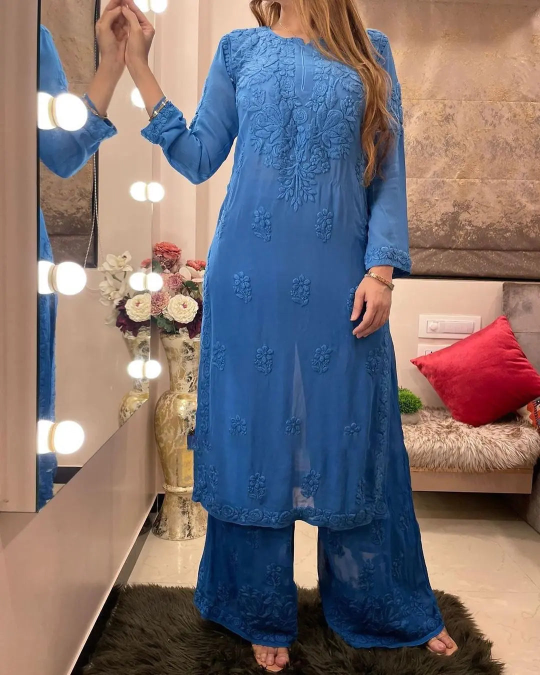 Rayon Chain Stitch Thread work Kurti Palazzo