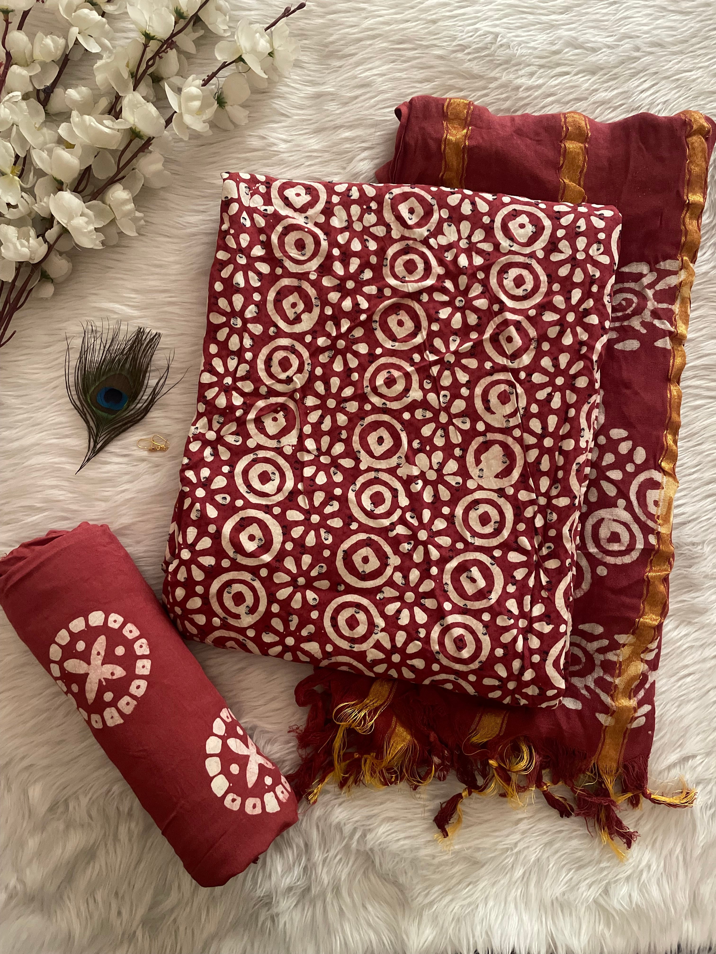 Reyon Summer Special Hand Blocked Wax Batik Dress Material (Unstitched)
