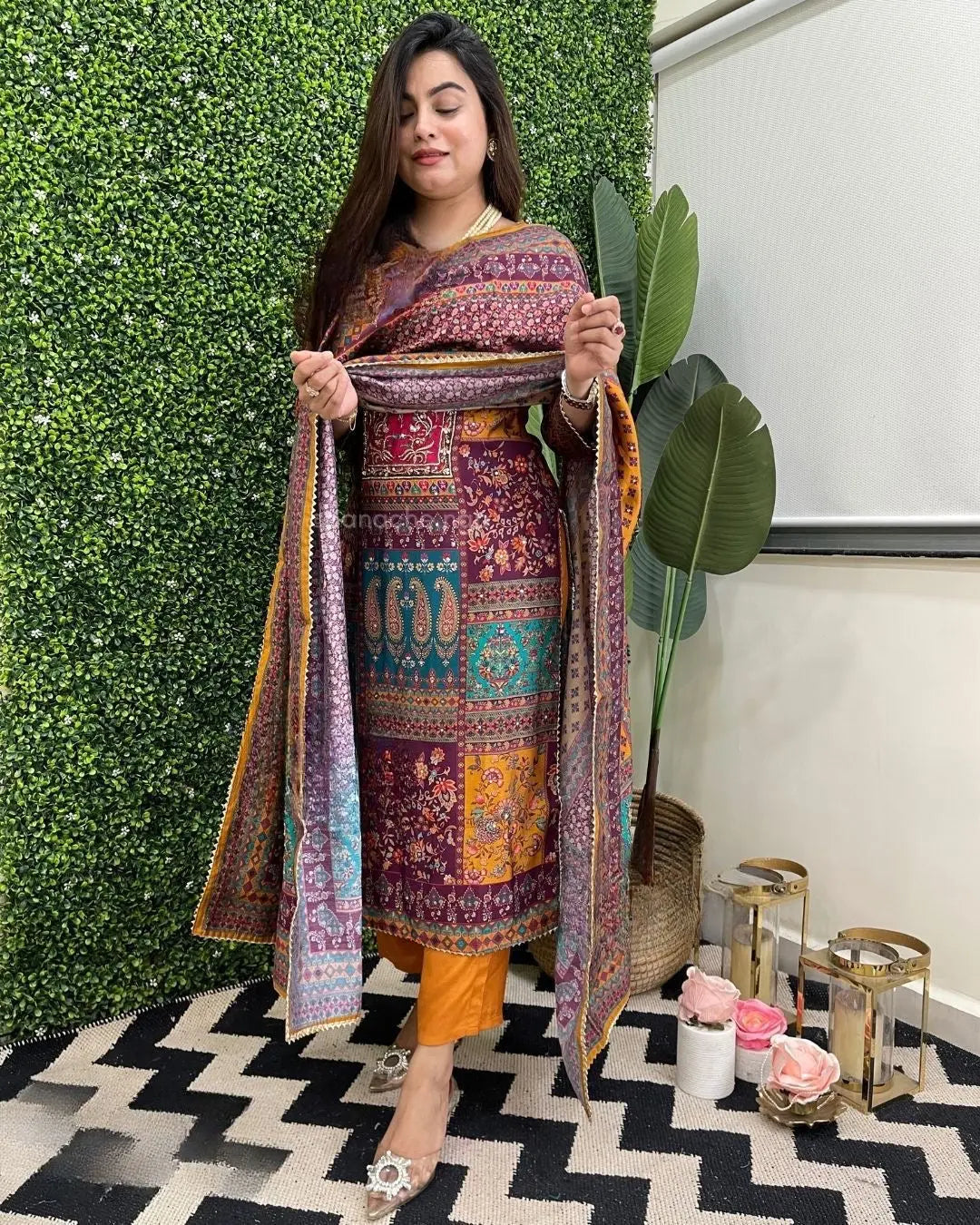 Muslin Real Mirror work Digital Print  Party wear Kurti Pant Dupatta set