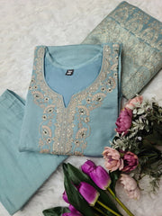 Viscose Chanderi Neck work Kurti Pant Dupatta Set