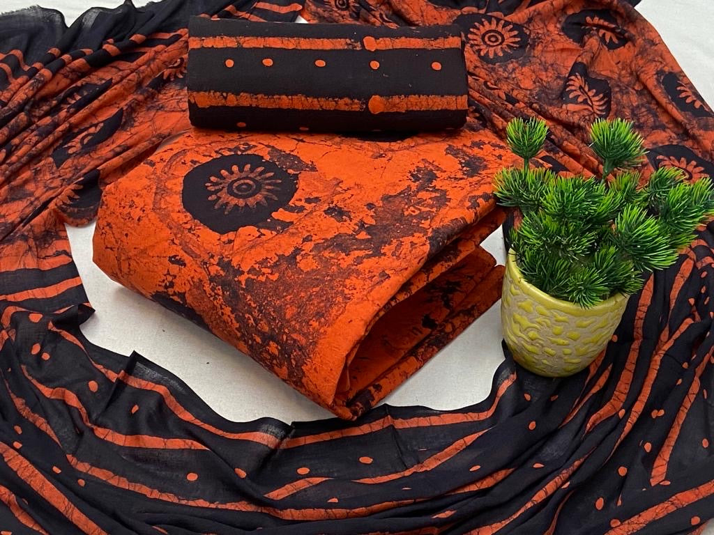 Soft Cotton Hand Blocked Wax Batik Dress Material (Unstitched)