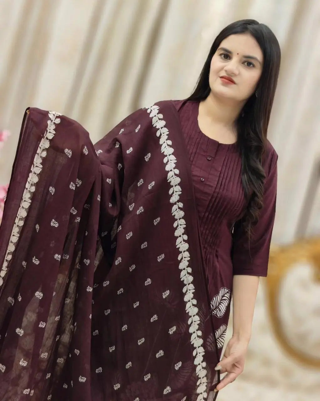Soft Cotton Self Print Kurti Pant Dupatta Set