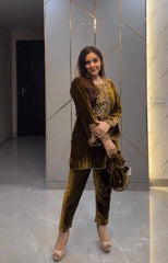 Neck Embroidery work Velvet Kurti Pant Set (Stitched)