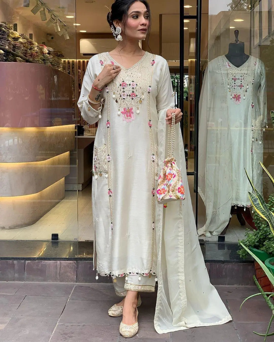 Pure Roman Silk Sequence Embroidery with Kodi Work Summer Special Kurti Pant Dupatta Set
