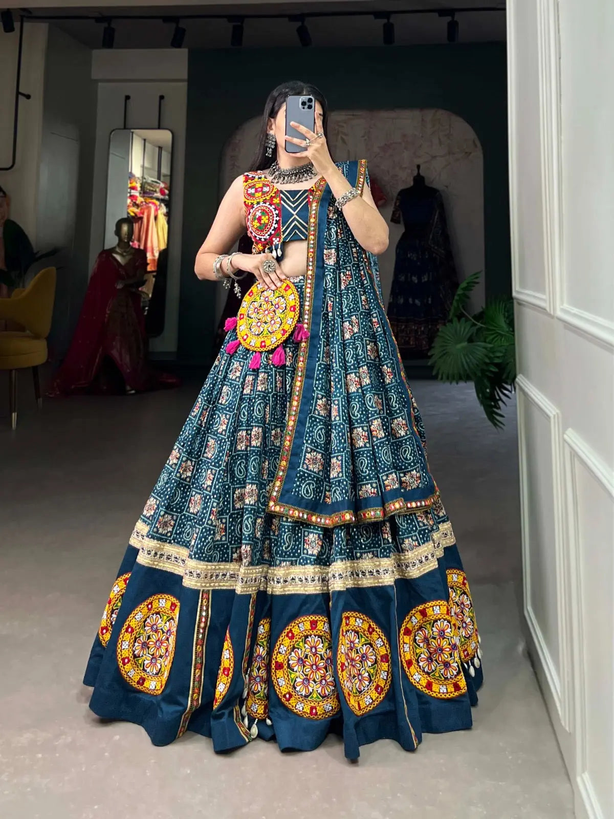 Rayon Printed Foil Gamthi Work Navratri Special Chaniya Choli
