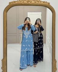Rayon Cotton Chikankari Thread Embroidery work Kurti Sharara Set (Stitched)