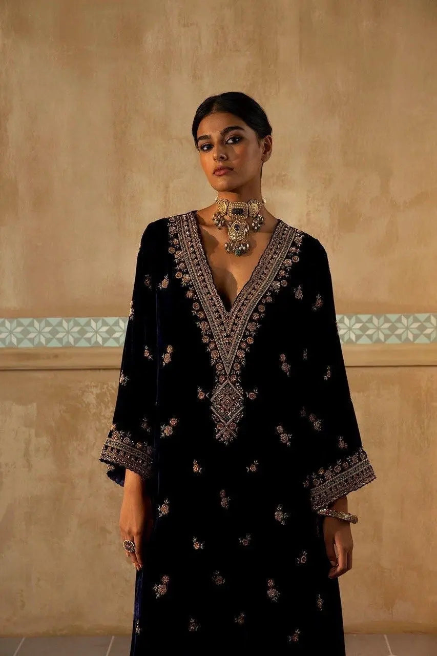 Winter Special Neck Thread Embroidery work Velvet Kurti Pant Set ( Fully Stitched)