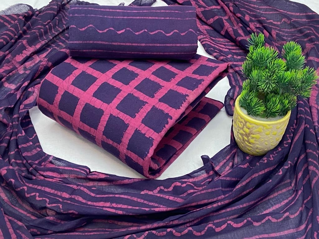 Soft Cotton Hand Blocked Wax Batik Dress Material (Unstitched)