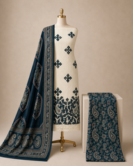 Hakoba Chikanwork with Ajrakh Block Print Summer 3Pc Cotton Dress Material