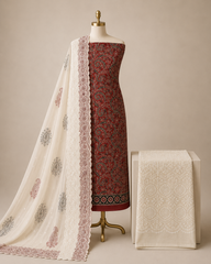 Soft Cotton Hand Block Ajrakh Work with Chikan Salwar 3 Pc Unstitched Dress Material