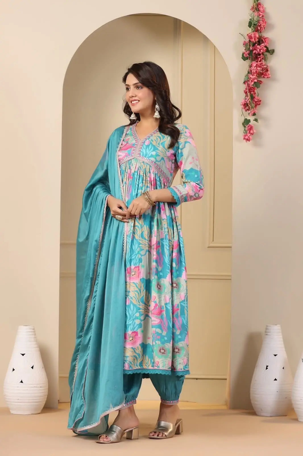 Muslin Alia Cut Zari Embroidery Digital Print work Kurti Pant Set (Stitched)