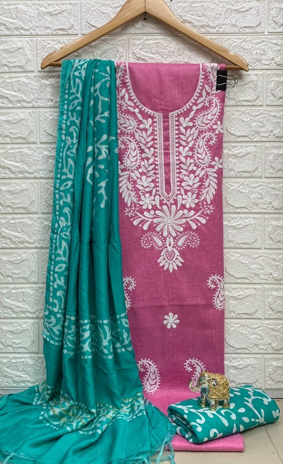 Slub cotton Neckwork with Batik work Dupatta and Salwar Dress Material (Unstitched)