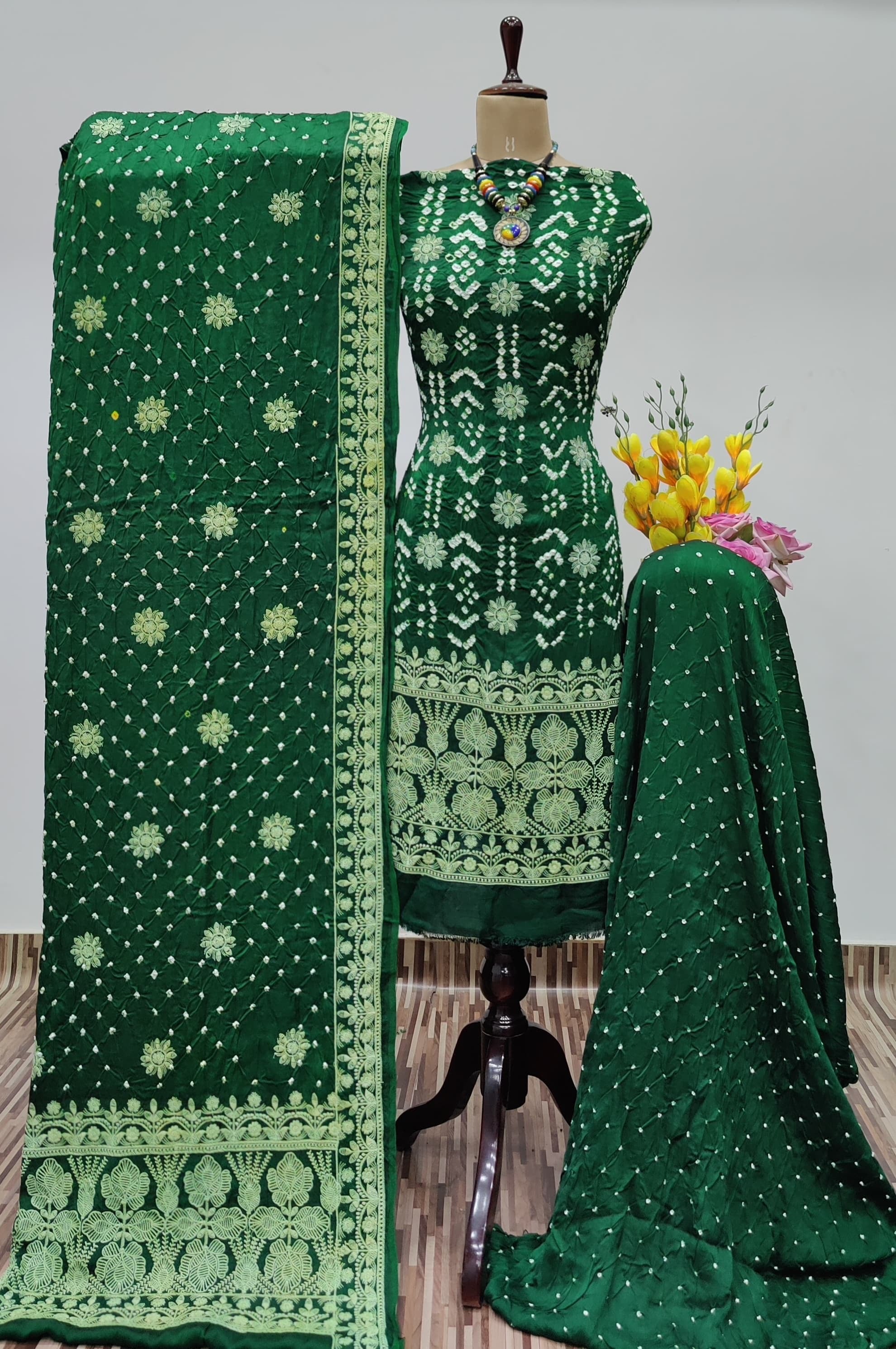 Modal Silk Lakhnavi Thread Embroidery work Bandhani Dress Material (Unstitched)