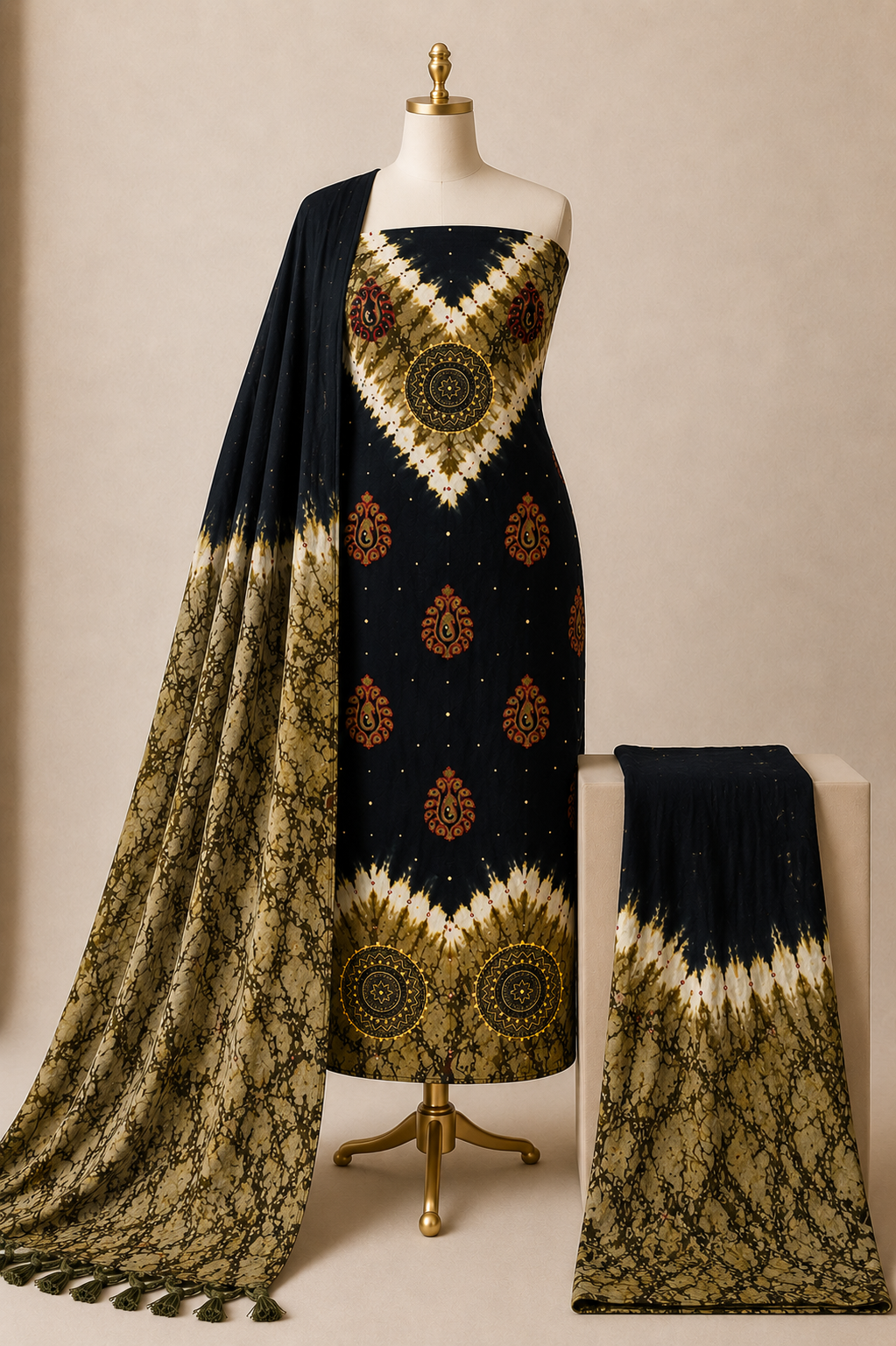 Soft Cotton Mirror Khatli Thread Work 3pc Unstitched Shibori Bandhani Dress Material