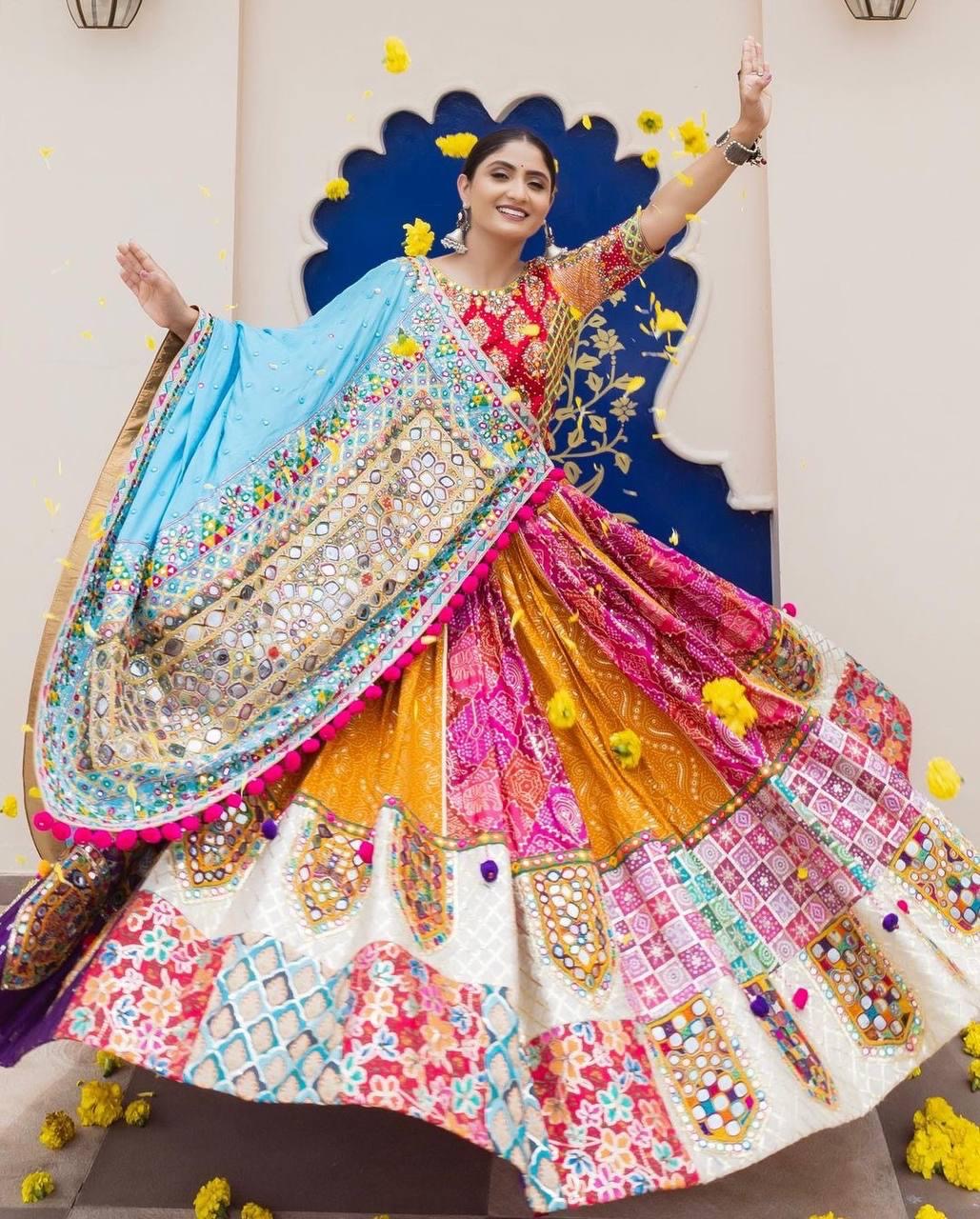 Muslin Digital Print with Mirror Work Designer Chaniya Choli for Navratri Dandiya