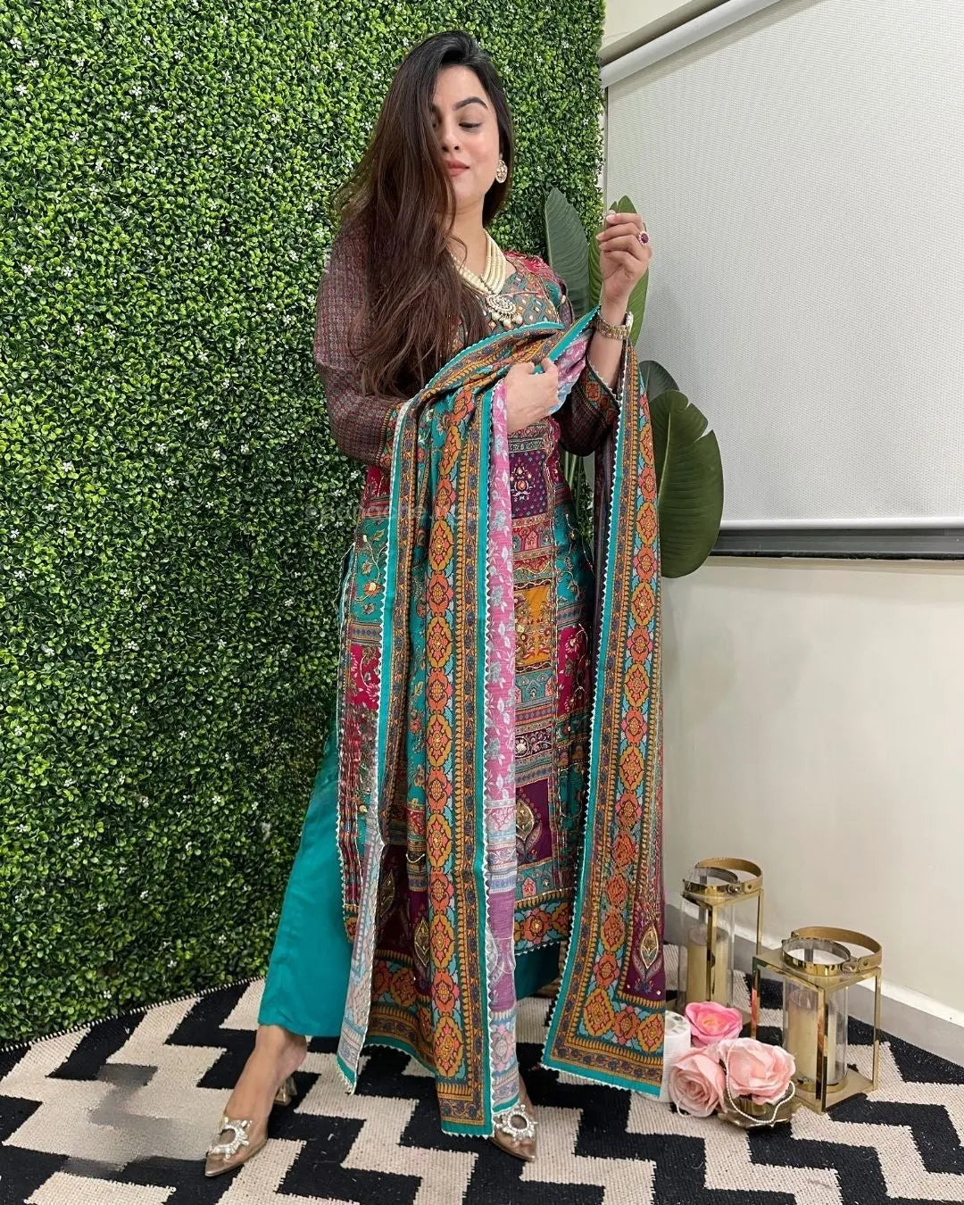 Muslin Real Mirror work Digital Print  Party wear Kurti Pant Dupatta set