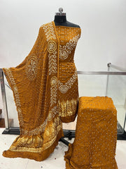 Modal Silk Original Jamnagar Hand Crafted Bandhej Work Bandhani Dress Material (Unstitched)