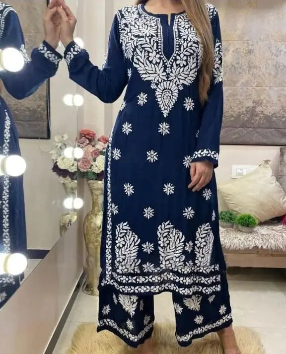 Rayon Chain Stitch work Chikankari Kurti