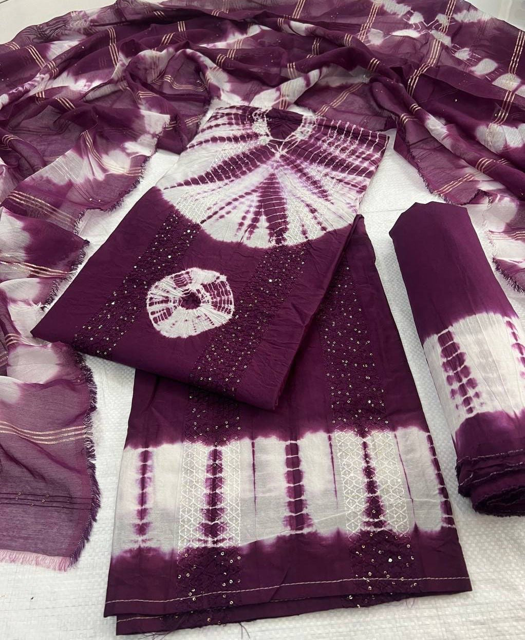 Pure Viscos Cotton Shibori 3 Pc Bandhani Dress Material (Unstitched)