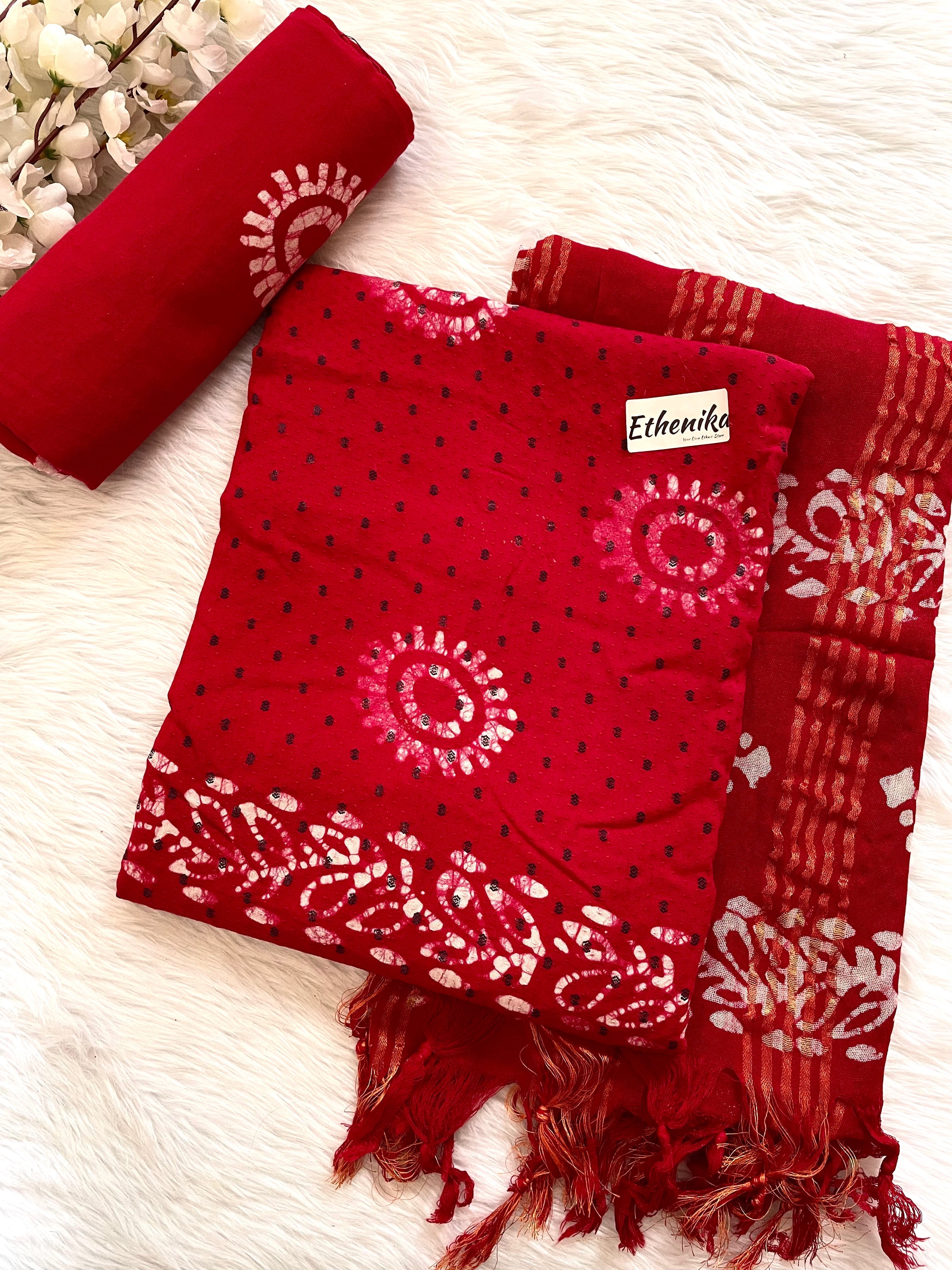 Hand Blocked Wax Batik Dress Material with Fumka work Dupatta (Unstitched)