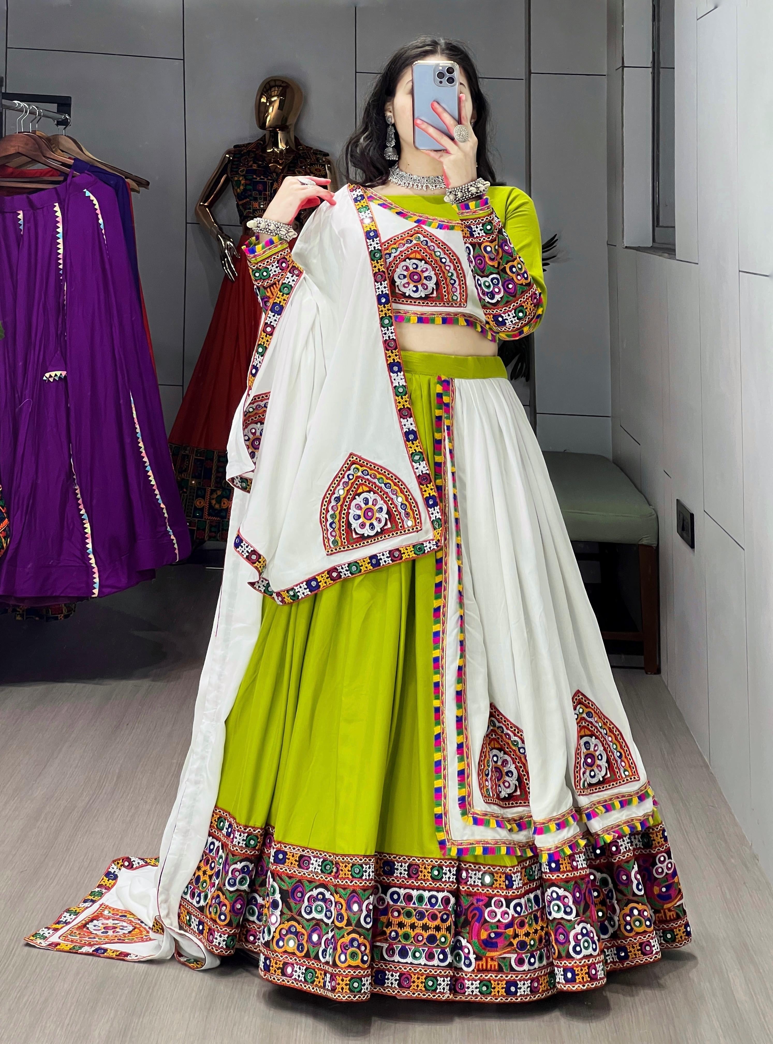 Pure Rayon Kutchi Mill Thread Work White Concept Navratri Special Designer Chaniya Choli (Ready to Wear)