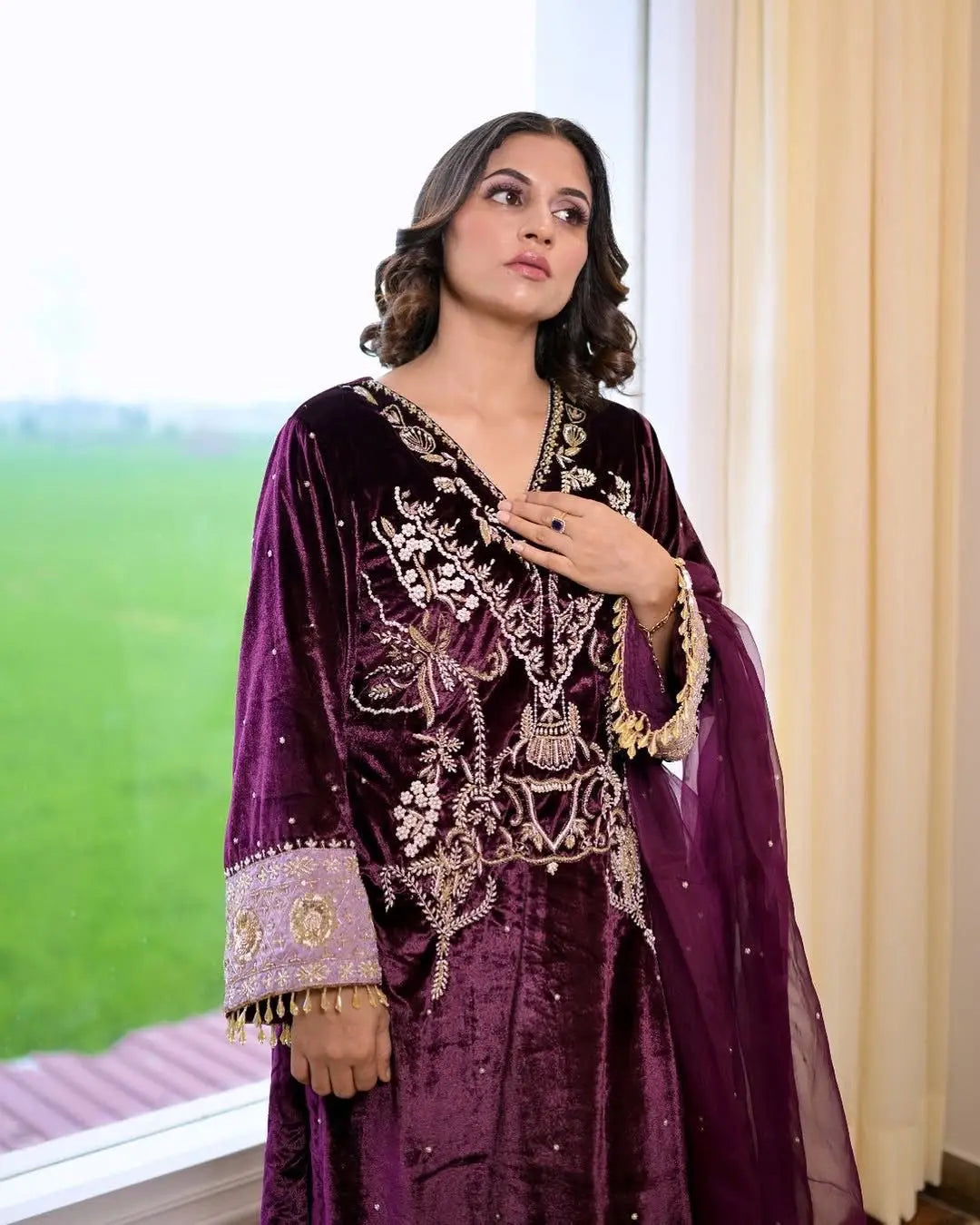 Winter Special Embroidery kodi work Velvet Kurti Pant Dupatta Set