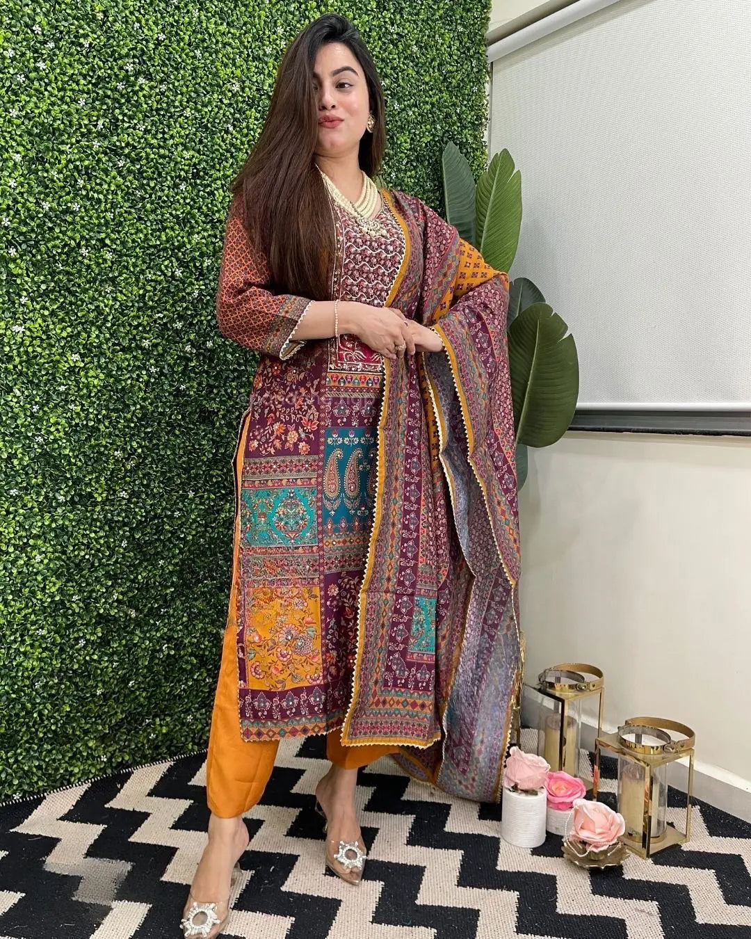 Muslin Real Mirror work Digital Print  Party wear Kurti Pant Dupatta set