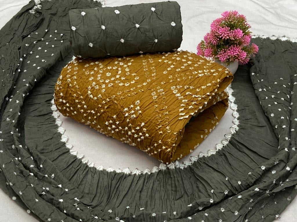 Soft Cotton Dual Contrast Kutch Bandhani Dress Material ( Unstitched)
