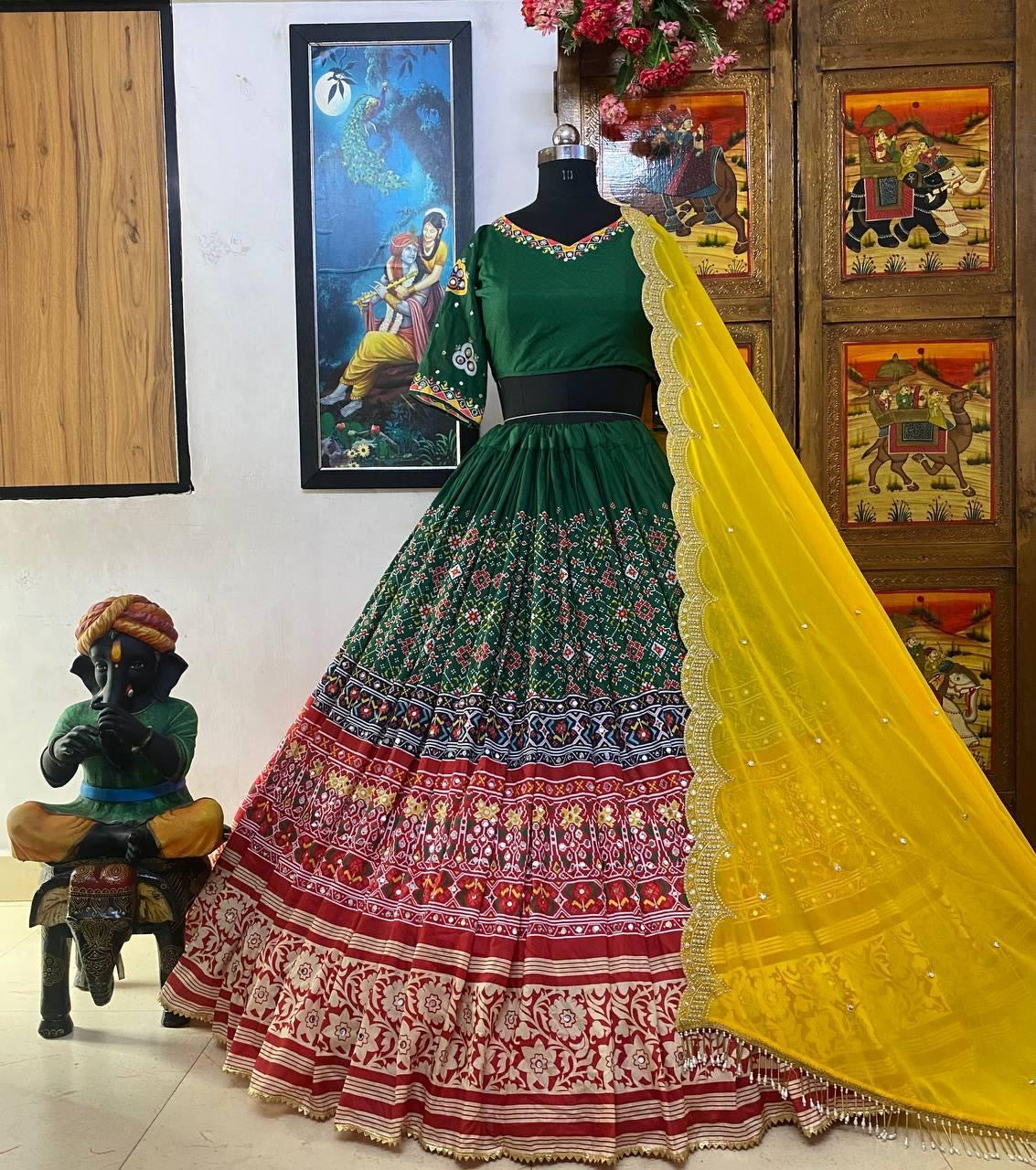 Muslin Cotton Digital Print mirror work Navratri Garba Special Chaniya Choli