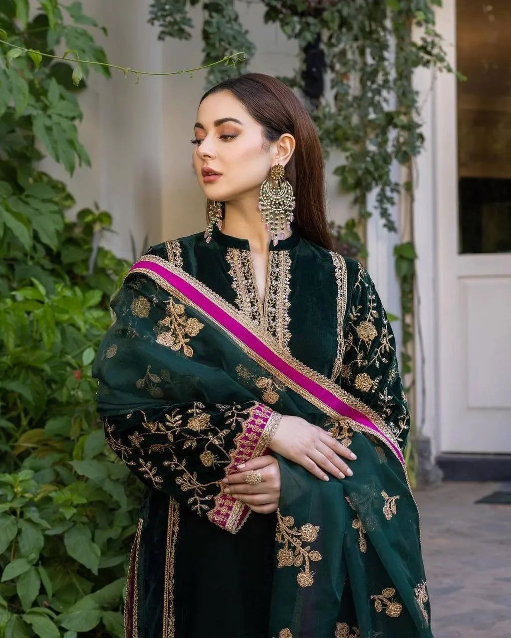 Thread Embroided winter Velvet Kurti Pant Dupatta Set (Stitched)