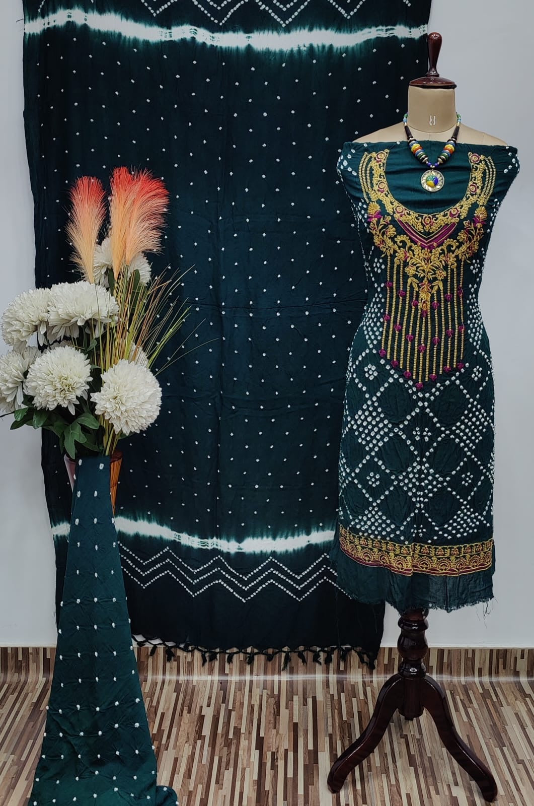Neck Embroidery work Bandhani Dress Material