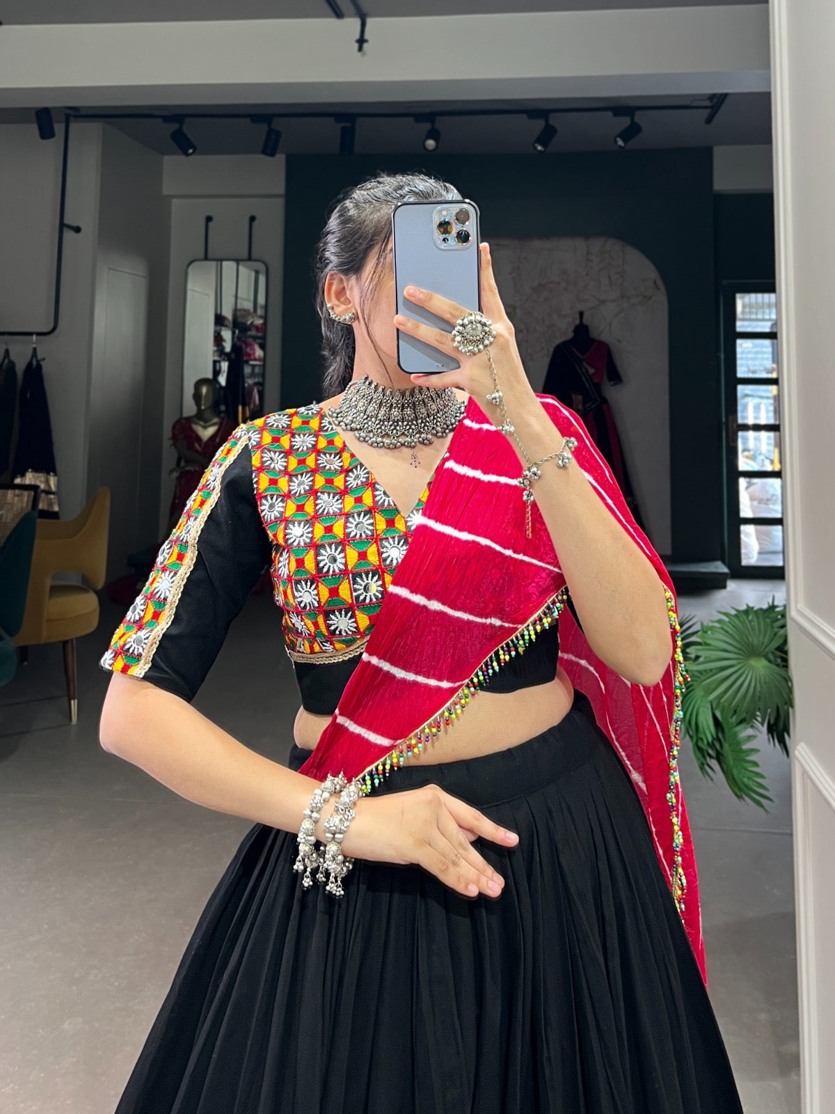 Rayon Printed with Gamthi Work Authentic Gujrati Navratri Chaniya Choli