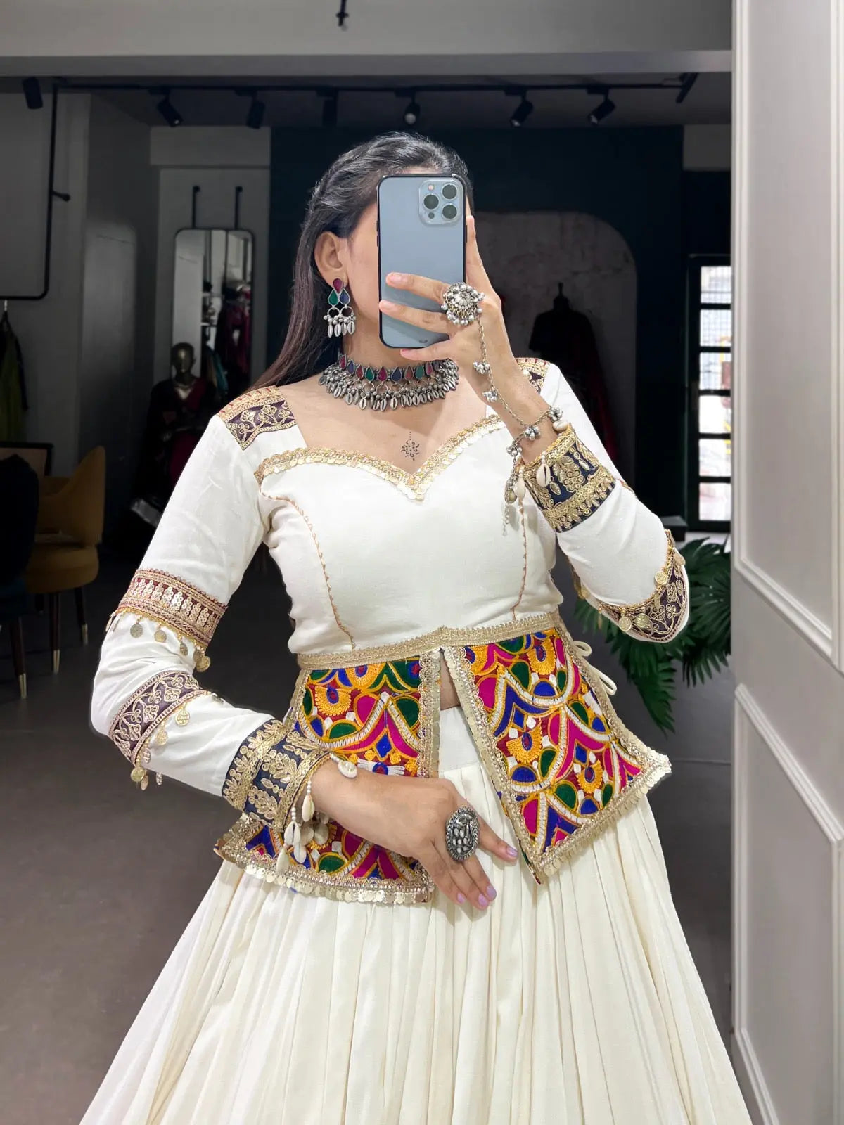 Rayon gamthi work White Concept Navratri Special Chaniya Choli