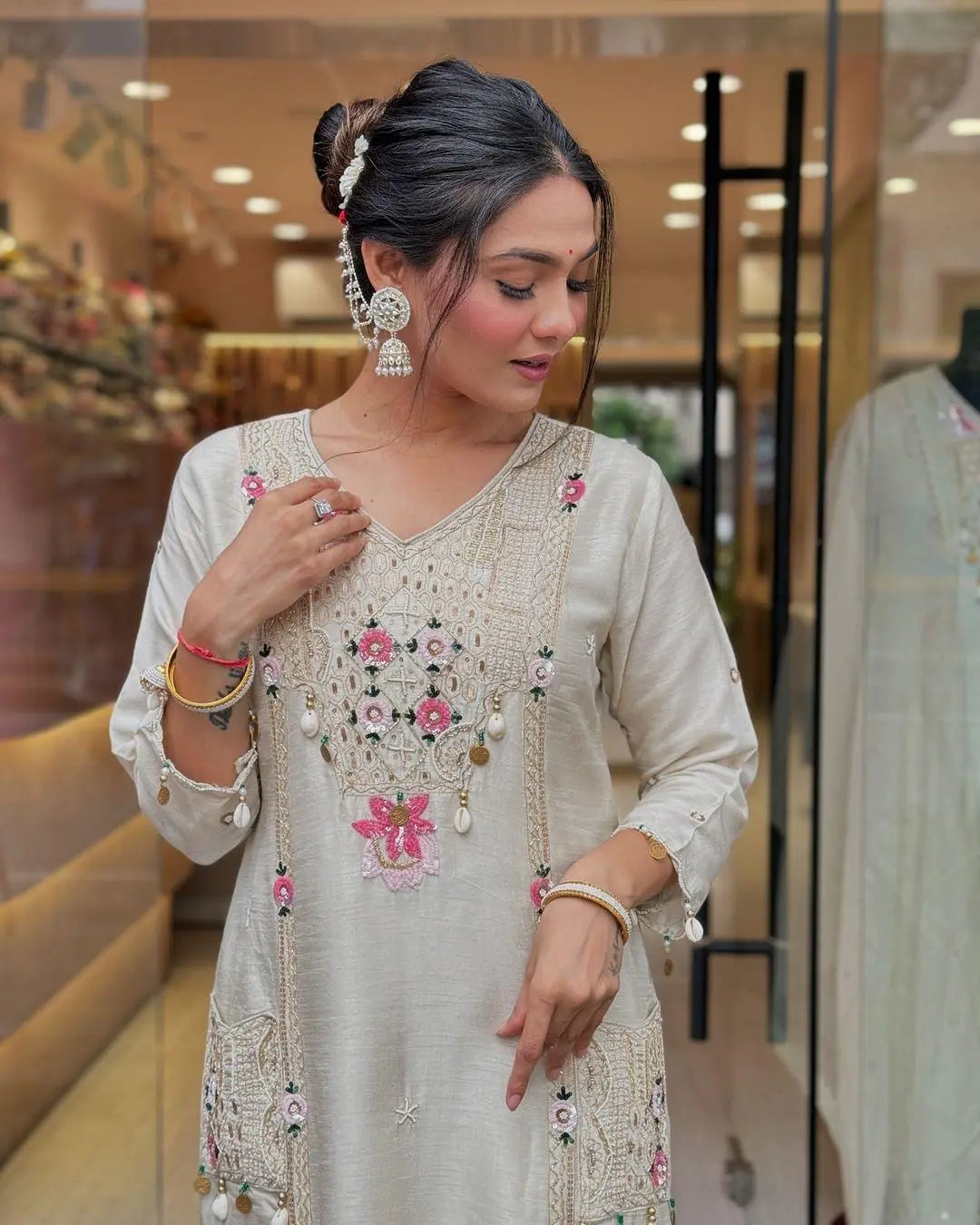 Pure Roman Silk Sequence Embroidery with Kodi Work Summer Special Kurti Pant Dupatta Set
