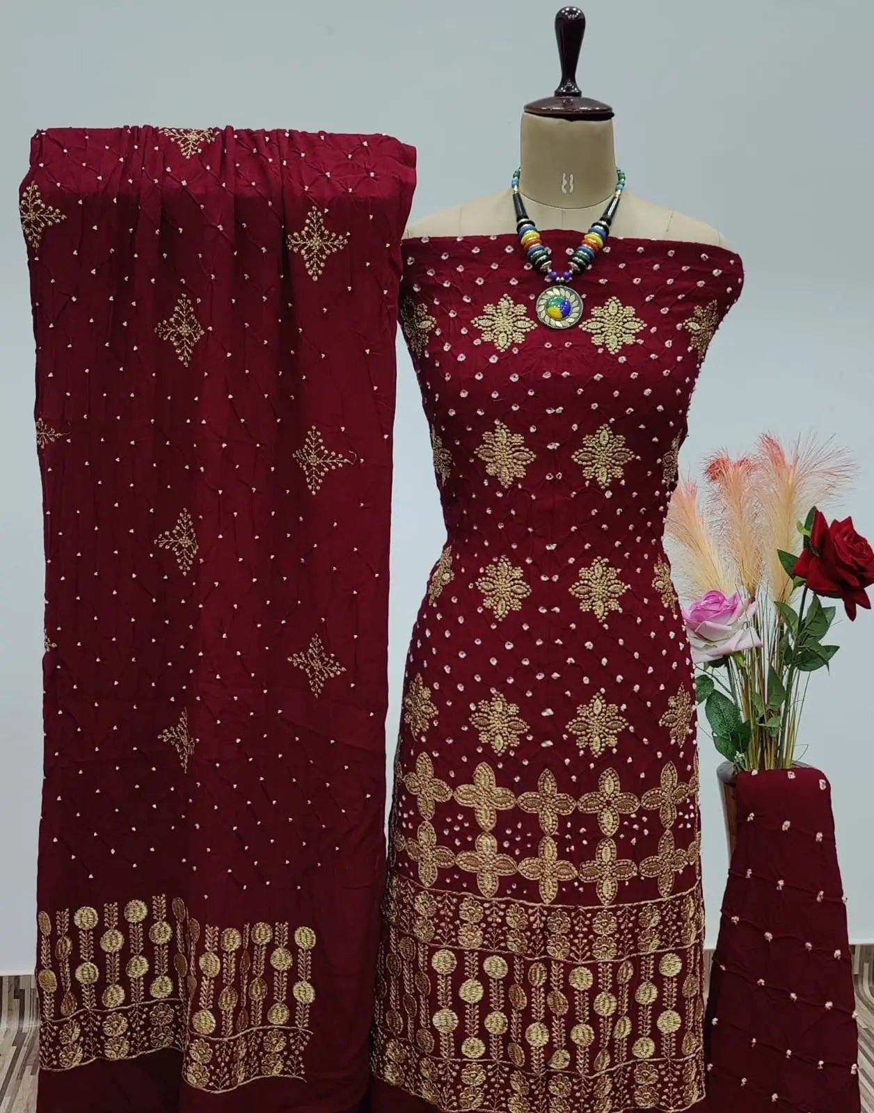 Reyon Embroidery Work Authentic Hand Crafted Kutch Bandhani Dress Material