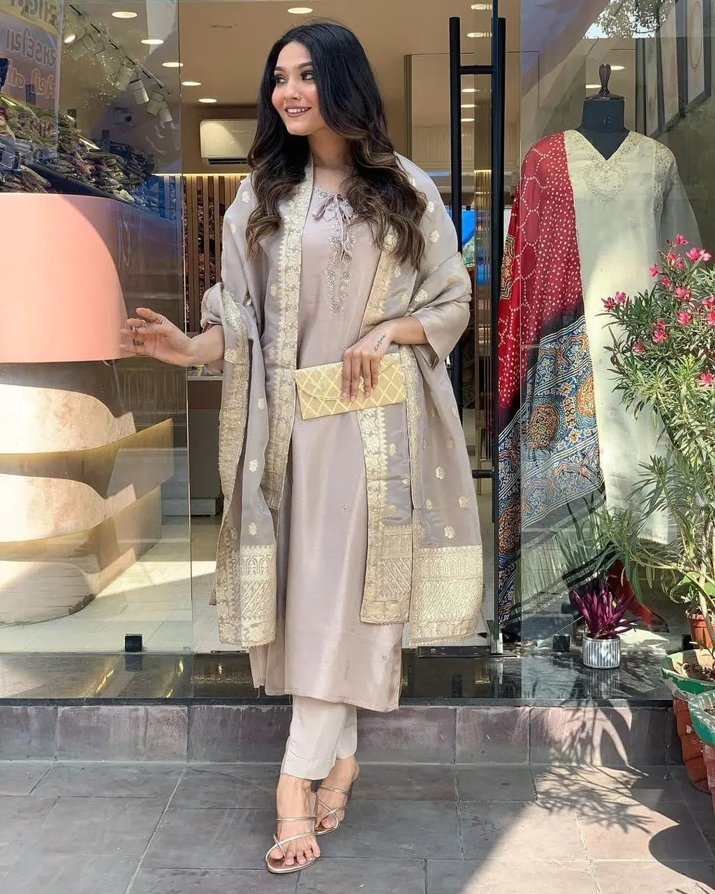 Roman Silk Jeckard Hand work Zari Weaving work Kurti Pant Dupatta Set (Stitched)