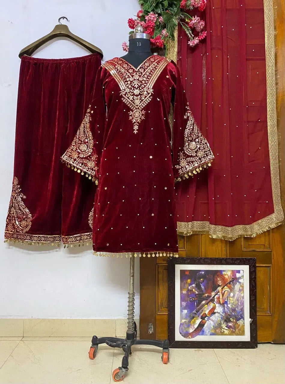 Winter Velvet Embroided Kurti Pant Dupatta Set