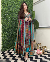 Muslin Real Mirror work Digital Print  Party wear Kurti Pant Dupatta set