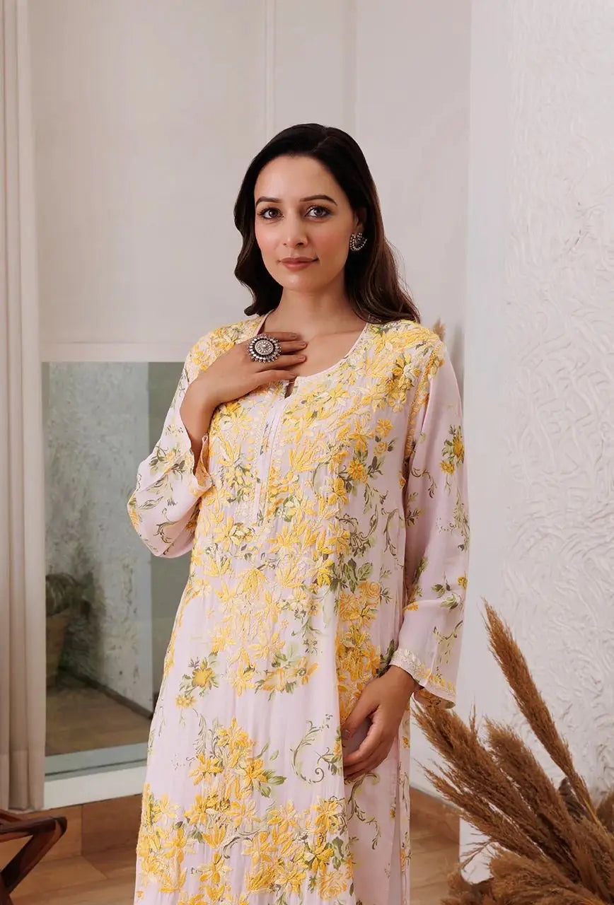 Thread Embroidery work Kurti Pant Set (Stitched)
