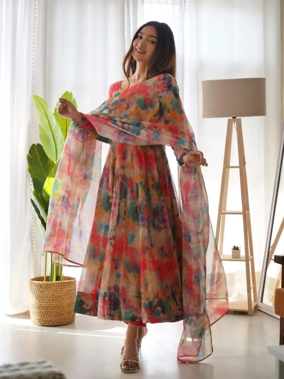 Organza Floral Digital Print Flair Dress Suit