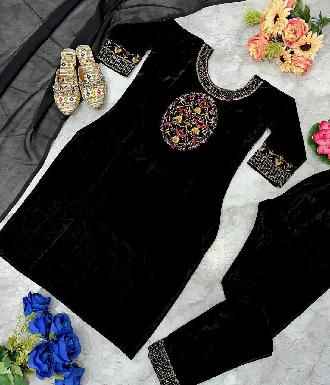 Winter Special Designer Black Velvet Kurti Pant Dupatta Set