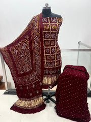 Modal Silk Golden Chex Rai Bandhej Bandhani Dress Material