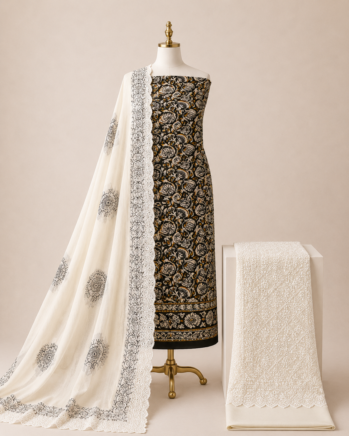 Soft Cotton Hand Blocked Ajrakh with Chikan Work Bottom 3pc Unstitched Dress Material