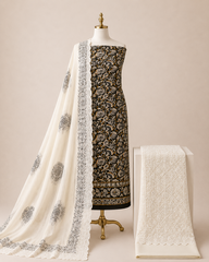 Soft Cotton Hand Blocked Ajrakh with Chikan Work Bottom 3pc Unstitched Dress Material
