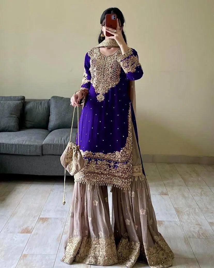 Real mirror Embroidery work Kurti Sharara Dupatta set